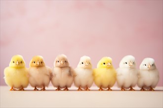 Small Easter chicks in a row on pastel pink studio background with copy space KI generiert,