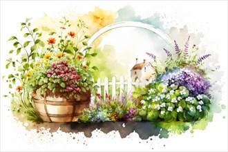 Rustic scene with a garden pot and vibrant watercolor flowers, Spring garden background
