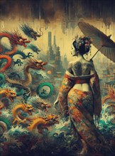 A dramatic rainfall scene with a beautiful asian young woman wear two piece kimono and dragons in
