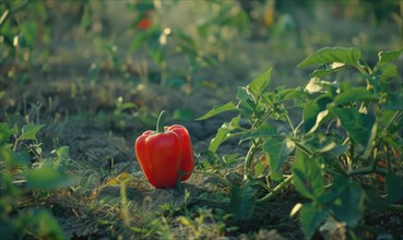 Red bell pepper growing in a field. Selective focus. Selective focus AI generated