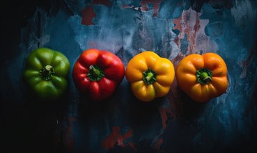 Colorful bell peppers on dark background, top view, copy space AI generated