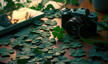 St. Patrick's Day. Green clover leaves and camera on wooden table. AI generated