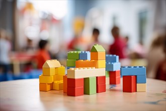 Colorful toy building blocks on table with blurry children day care in background. KI generiert,
