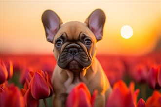 Cute French Bulldog dog sitting in flower field with red spring tulips with sun in background. KI