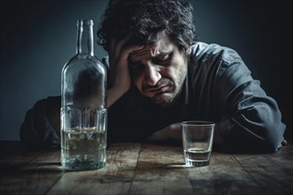 Alcoholism concept. Depressed man with alcohol bottles and glass. KI generiert, generiert AI