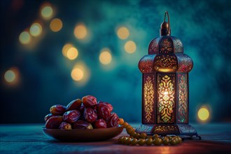 Ramadan lantern with a plate of succulent figs, set on an ornate table with intricate designs,