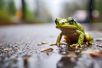 Green frog sitting on road. KI generiert, generiert AI generated