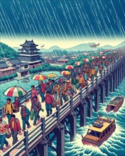 Vibrant illustration depicting migrant people crossing borders over a bridge in the rain, with