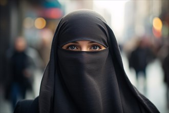 Young woman covered with Muslim Niqab face veil with only eyes visible with blurry city street in