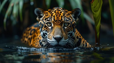 Close-up of a Jaguar (Panthera onca), the King of the Amazon Jungle. partially submerged in water