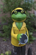 Colourful tin frog on a garden fence, Mecklenburg-Vorpommern, Germany, Europe
