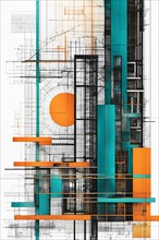 Modern abstract geometric artwork in orange and teal with an architectural blueprint style,