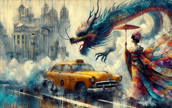 Fantasy art of a woman with an umbrella facing a dragon above a yellow taxi in a city, shunga