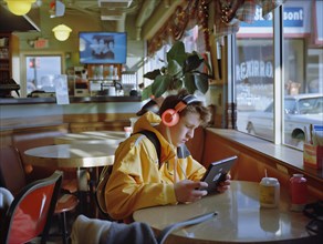A young individual engrossed in a tablet at a diner table with the warm sunlight streaming through