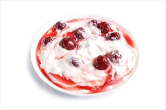 White plate with greek yogurt and strawberry jam isolated on white background. close up