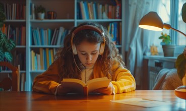 Concentrated young girl with headphones reading a book in a warmly lit room AI generated
