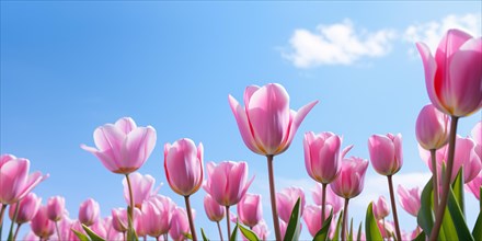 Pink tulip spring flowers in front of blue sky. KI generiert, generiert AI generated