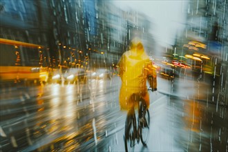Evening scene with cyclist in yellow coat under rain in urban lighting, AI generated, AI generated