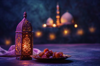 Ramadan lantern with a plate of succulent figs in violet purple tones with mosque, set on an ornate