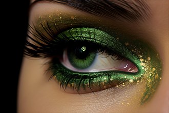 Close up of woman's eye with green and golden St. Patrick's Day eyes makeup with glitter. KI