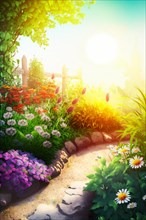 A tranquil garden pathway lined with lush plants and a fence, bathed in beautiful sunset light,