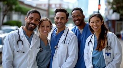 A group of happy healthcare workers in scrubs posing outdoors, displaying camaraderie, ai