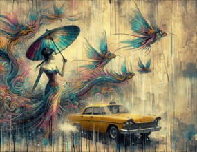 Dreamy scene with a geisha, hummingbirds, and a vintage car in pastel hues, japanese themed shunga