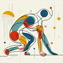 Geometric and colorful abstract depiction of runner in dynamic pose, continuous line art, creature