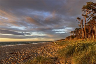 View of the Baltic Sea through the grass-covered dunes of the west beach near Preroe. The sun