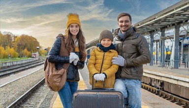 AI generated, A young family wants to travel and waits in the station for the train, 30, 35, years,