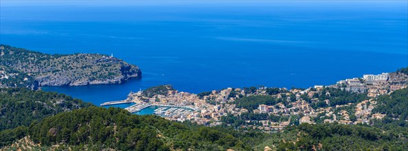 Panoramic view of a picturesque coastal town on the Mediterranean, Puerto de Soller, Majorca