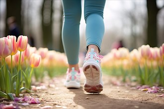 Back view of woman jogging through park with beautiful spring tulip flowers. KI generiert,