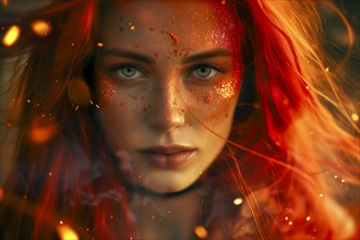 Mystical portrait of a woman with glitter and sparkles on her face and red hair, AI generated, AI