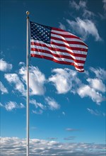 The flag of the USA flies in the wind, illuminated by the sun, on a flagpole, in the background a