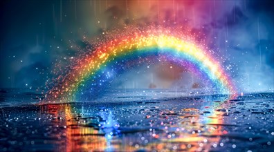 A dazzling rainbow reflected on a wet surface with rain droplets amidst vibrant colors, ai