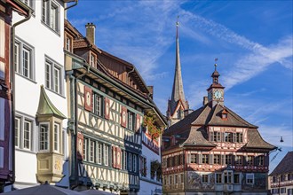 Half-timbered houses and the town hall on Rathausplatz in the old town centre, Stein am Rhein, Lake