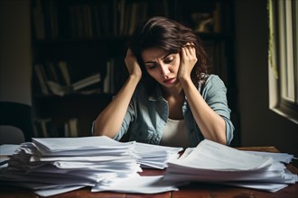 Stressed young woman at desk full of paperwork. KI generiert, generiert AI generated