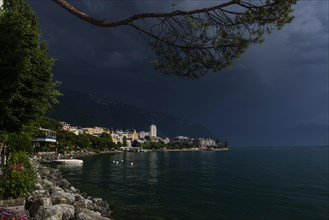 Lake Geneva promenade, thunderstorm, summer, rain, dramatic, dark sky, weather, palm tree, climate,