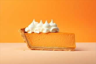 Slice of pumpkin pie with whipped cream on orange background. KI generiert, generiert AI generated