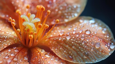 Macro shot of an orange flower with bright yellow pistils and water droplets, ai generated, AI