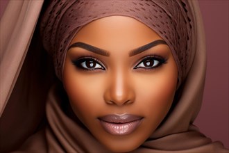 Face of young beautiful afro american muslim woman with hijab headscarf in front of studio