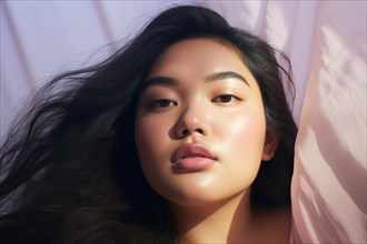 Portrait of beautiful Asian plus size model with round face and long black hair. KI generiert,