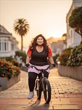 A joyful woman riding a bicycle down a sunlit residential street at sunset, San Francisco, Lombard