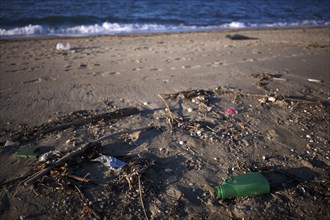Pollution, plastic bottles, rubbish, rubbish, plastic waste, beach, sandy beach, sea, Peraia, also