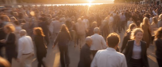 Busy crowd in a city with a sunset background creating a warm, dynamic scene, horizontal wide