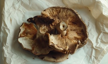 Shiitake mushrooms on white paper background. Vintage photo style. Shiitake mushroom. AI generated