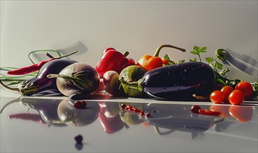 Vegetables on a white background with reflection. Healthy food. AI generated