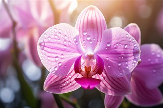 Close up of pink Orchid flower with water rain drops. KI generiert, generiert AI generated