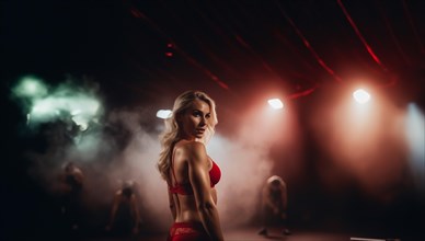 Sexy woman in lingerie in the gym, the concept of sexualization of women and the problem of