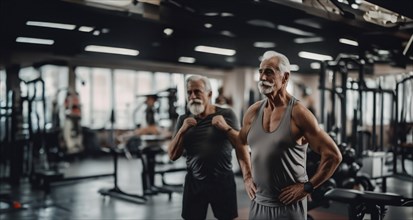 Two elderly men in the gym, active lifestyle and sports in old age men, AI generated